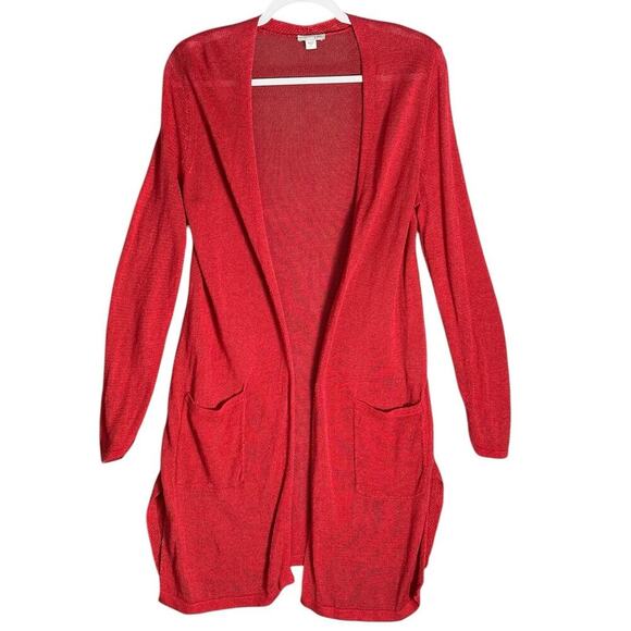 J Jill Sz S Long Open Front Semi Sheer Linen Rayon Knit Cardigan Sweater Pockets - Picture 1 of 11